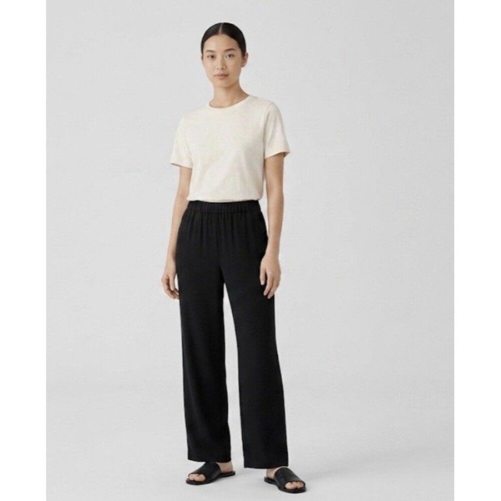Eileen Fisher Washable Stretch Crepe Tapered Pant Black Sz L Travel Friendly - Picture 1 of 4